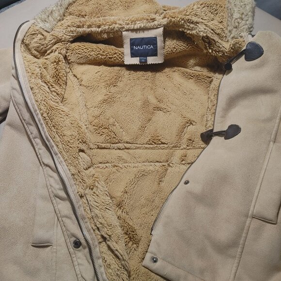 Nautica Mid Length Coat Tan Zip Toggle Closure Faux Shearling Hooded Pockets - Picture 12 of 12